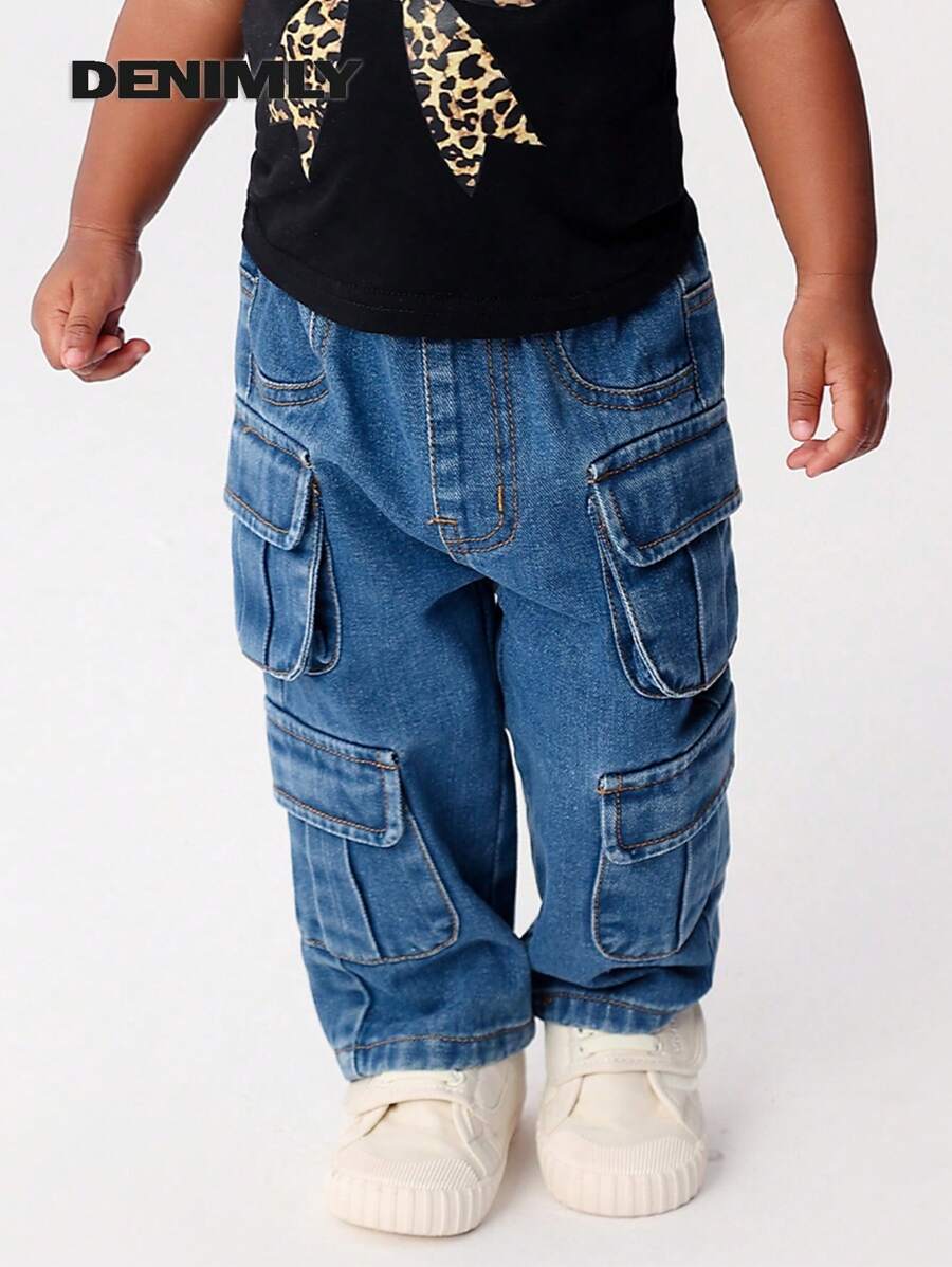 Denimly 中性婴儿都市街头休闲日常时尚全年必备多口袋宽腿牛仔裤,全松紧腰带和前纽扣闭合。前口袋和侧翻盖贴袋。 - 中等水洗藍 - 查看 1