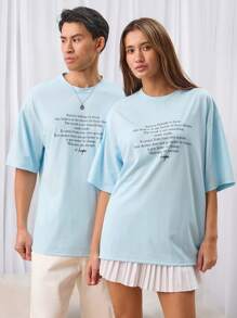 Manfinity INSISELF Unisex Casual Knit Letter Printed Loose Drop Shoulder Crew Neck Short Sleeve T-Shirt, Suitable For Daily Wear