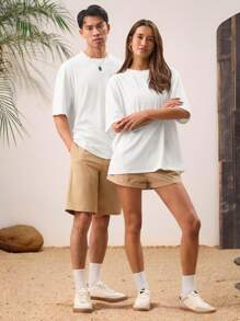 Manfinity VCAY Unisex Casual Jacquard Knit High-Stretch Loose Drop Shoulder Round Neck Short Sleeve Plain T-Shirt, Suitable For Everyday Wear