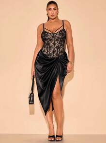 SHEIN BAE Plus Size Elegant Sexy Women Black Lace Stitching Fishbone Waist Corset Cami Top, Suitable For Dates, Graduation Season, Weddings, Summer, Parties, Afternoon Tea, Casual Wear, Beach Vacation, Beach Top,Spring Break,Easter Women,Concert Women,Curve Tops,Black Corset Top,Lace Top,Top Curvy