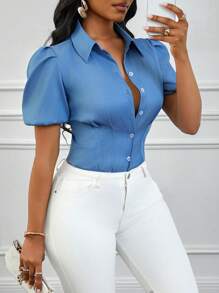 SHEIN Clasi 女式时尚度假仿牛仔效果泡泡袖收腰修身金属纽扣装饰衬衫，春夏 - 藍色 - 查看 1