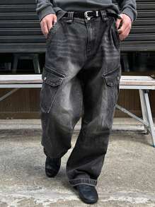 DAZY Men's Distressed Wide-Leg Cargo Jeans - Black - View 3