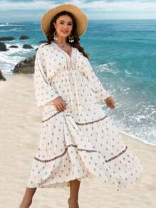 Flirla Plus Size Women V-Neck Long Sleeve Geometric Print Dress - Apricot - View 6