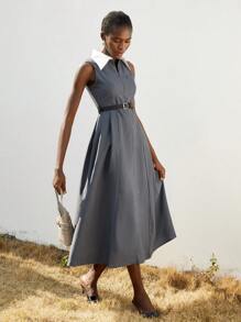 Aveloria Modichic Vestido largo elegante minimalista de alta gama para mujer con cremallera oculta delante y en la cintura, sin mangas y con cinturón de PU