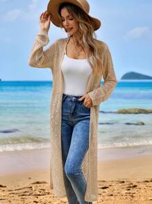 EMERY ROSE Women's Holiday Casual Solid Color Hollow Knitted Side Slit Thin Cardigan - Apricot - View 4