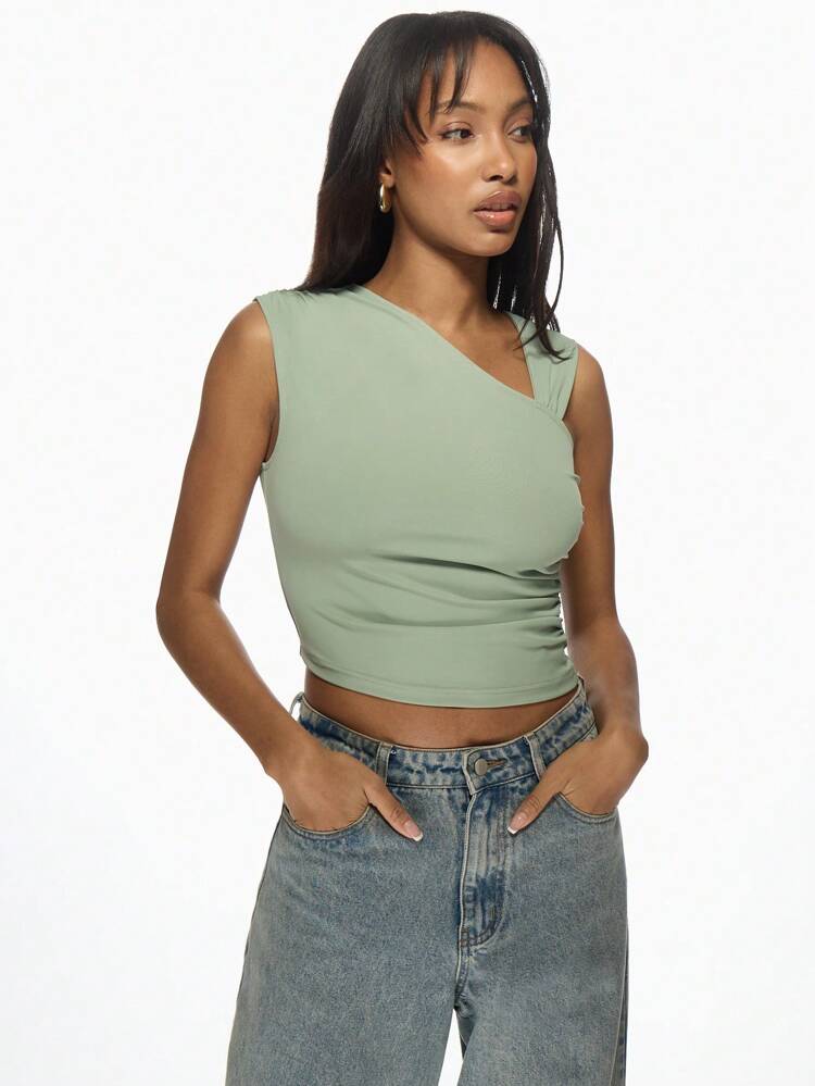 MISSGUIDED Asymmetric One Shoulder Ruched Crop Top Sleeveless Summer Party Club Evening Fitted Tank Contemporary Fashion Sage Green Bodycon Christmas