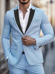 Calvornis Two-Piece Men's Colorblock Lapel Jacket And Trousers Suit Set - Baby Blue - View 6