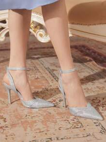 CUCCOO TILAWA Women Fashion Pointed Toe Full Rhinestone Sexy Backless Silver High Heel Party Sandals, Strap Ankle Strap Ladies Pumps