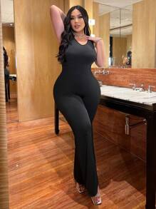 Flirla Plus Size Sexy Casual Criss-Cross Deep V Jumpsuit With Flared Legs, For Daily Wear & Home