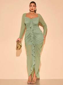 SHEIN BAE Vêtements printemps été grande taille Robe crayon élégante à manches longues avec épaulettes volanté en couleur unie pour femmes. Robe longue en maille rouge à volants plissés. Idéale pour le quotidien, les sorties romantiques et les vacances