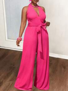 Slaydiva New 2025 Curve Plus Size Women Rose Red Elastic Pleated Fabric Deep V Neck Backless Halter Long Jumpsuit, Suitable For Beach & Holiday & Sexy - Hot Pink - View 4