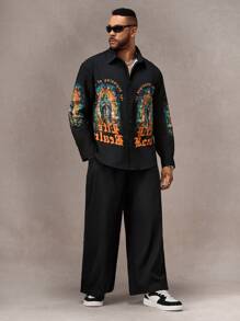 Mainfolk Plus Size Men Street Fashion Loose Woven Long Sleeve Shirt - Multicolor - View 4