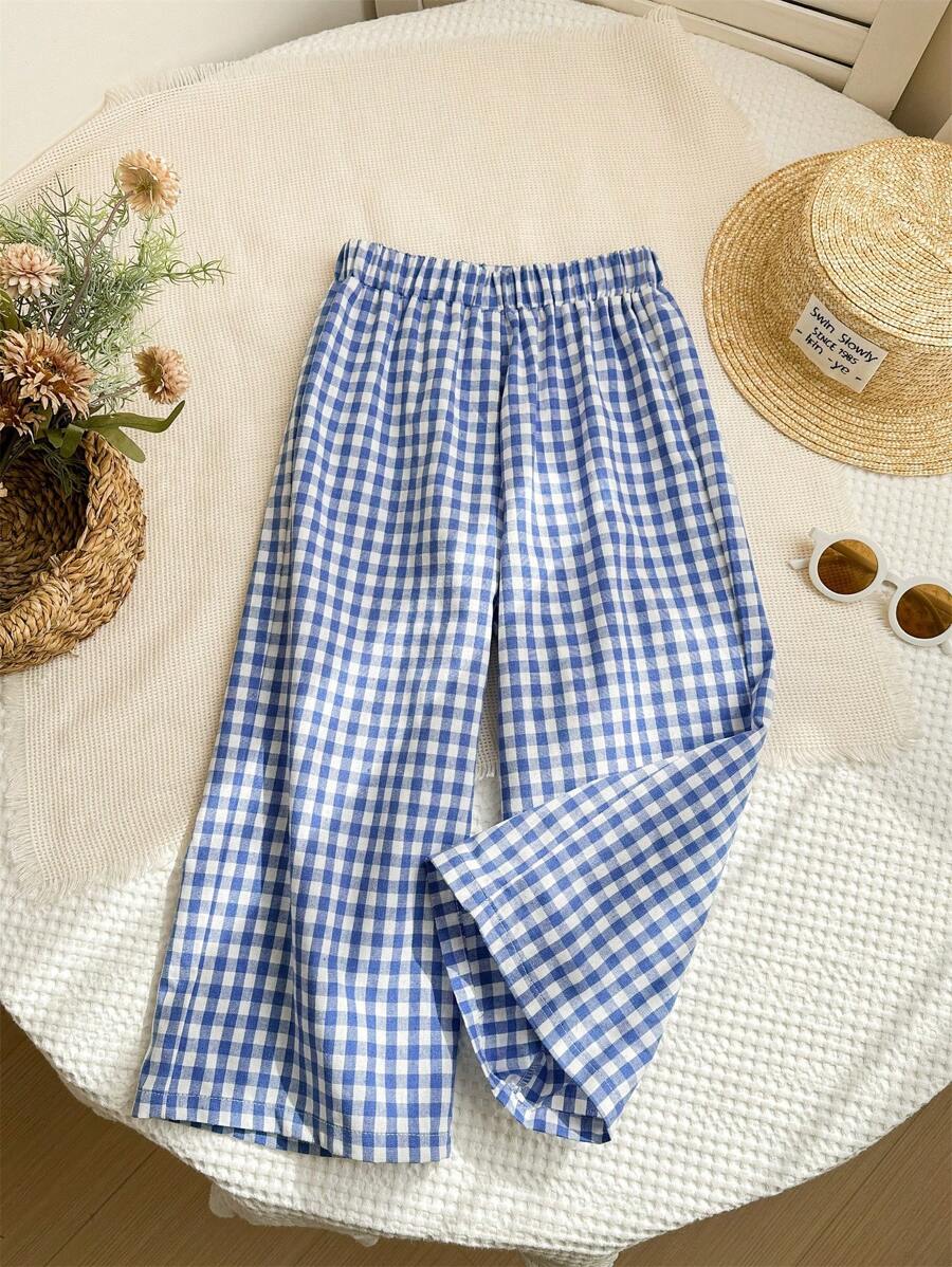 SHEIN LMoss Kids Pantalones casuales holgados de cuadros tejidos para niña joven LMoss
