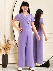 SHEIN Tween Girls Casual Elegant Collared Asymmetric Ruffled Jumpsuit