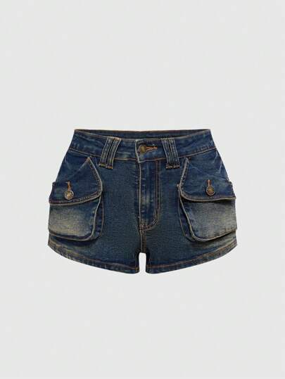 Grunge Punk Vintage Y2K Aesthetic Cargo Pocket Decor Women Low Waist Mini Denim Shorts, Versatile For Multiple Occasions