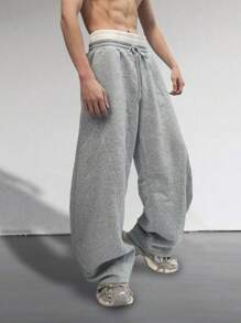 Manfinity Roghcode Pantalones de chándal de cintura con cordón y color contrastante para hombre, otoño/invierno