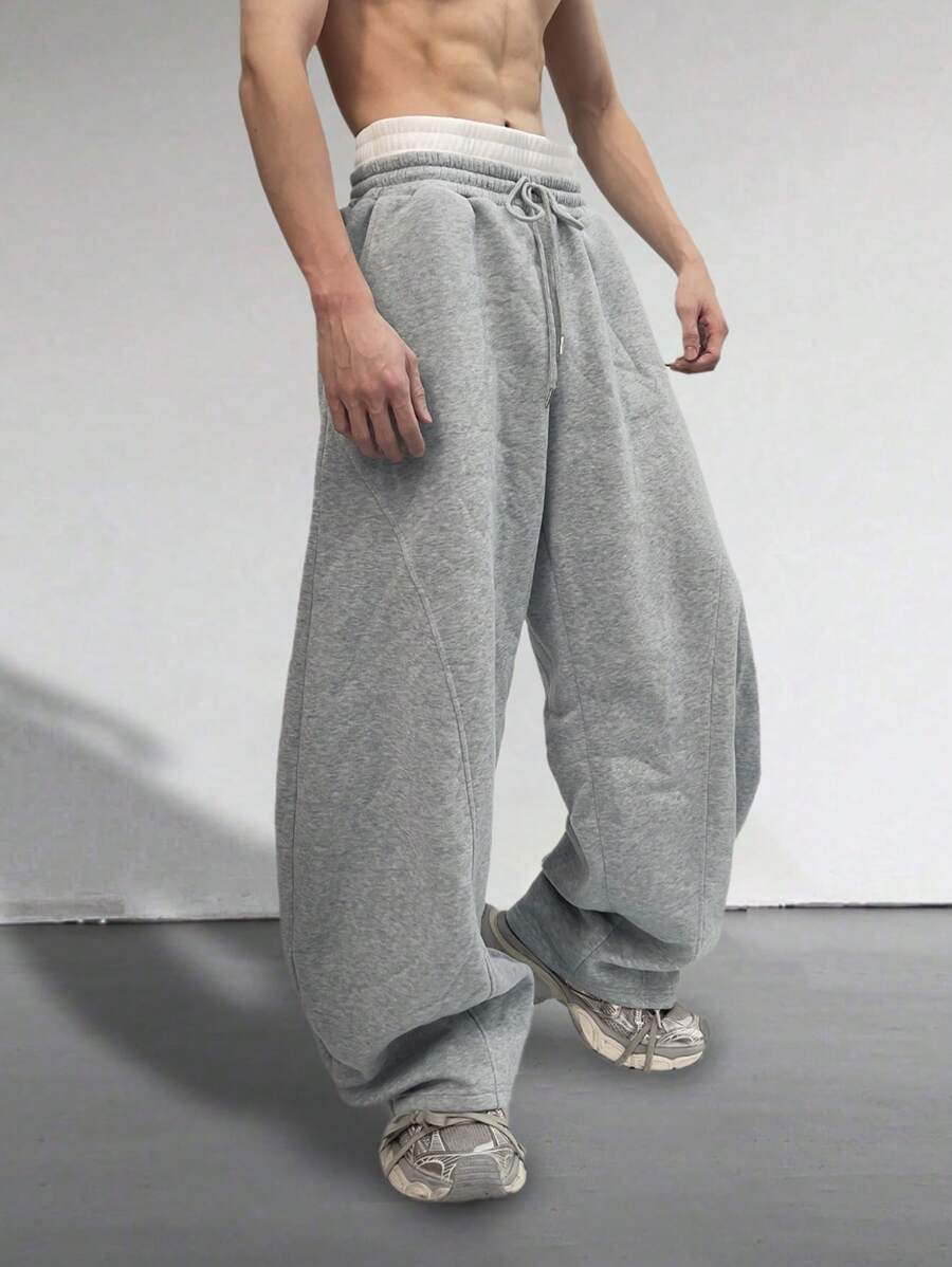 Manfinity Roghcode Pantalones de chándal de cintura con cordón y color contrastante para hombre, otoño/invierno