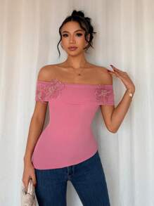 Chiquease 1 pieza Blusa elegante con diseño floral con hombros al descubierto - Rosa Fucsia - Ver 5
