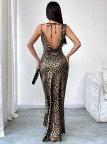 Calvaya Elegante abito lungo da donna con schiena aperta, stampa leopardata dorata, adatto per appuntamenti, feste e uso quotidiano, sexy