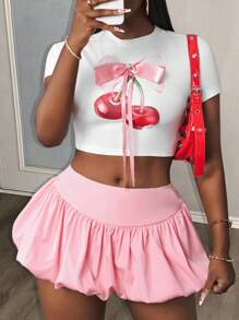 Slaydiva Summer Music Festival Back To School Season New Sexy And Elegant Daily Date Sweet And Cute Valentine's Day Wrapped Bra Tube Top Heart Collar Cropped Top Mini Skirt Imitation Lace Splicing Straps Printed Black Contrasting Rose Red Women's Two-Piece Set-G