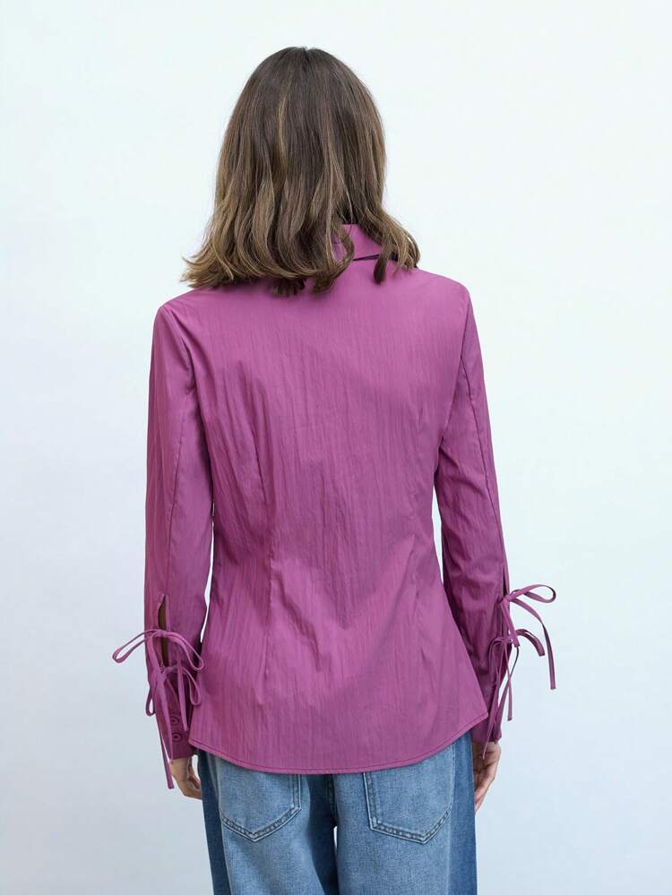 SHEIN Maija Blusa Casual Feminina Roxa, Decoração de Laço, Manga Longa, Ajuste Slim, Moda para Uso Diário e Saída
