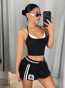 SHEIN ICON Color Block Splice Sleeveless Tank Y2K Halter Sexy Black And White Going Out Top With Halter - Black and White - View 3