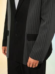 Manfinity NXTstreet Chaqueta de traje casual holgada de manga larga a rayas negras y grises para hombre de talla grande