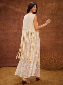 WESTFADE Western Open Front Faux Suede Fringe Sleeveless Festival Tank Top Nashville Style Outifts - Beige - View 2