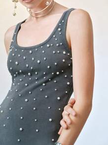 SHEIN Unity Women's Sand Washed Elegant Pearl Decor Cotton Slim Fit Bodycon Tank Maxi Dress,Charcoal Gray Summer Dinner Date Vacation Beach Wear Outfit - Grey - View 4