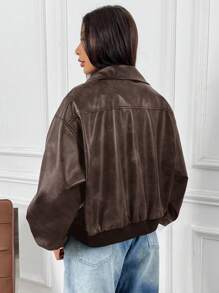 SHEIN EZwear Women's Fashionable New Distressed Leather Jacket, Autumn
