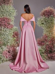 Glamrae Elegant Luxurious Off Shoulder Ruffle-Bust Boned A-Line High Slit Dress Wedding Guest Dress, Suitable For Weddings, Parties, Vacations, Balls, Formal Events, Party Dress, Evening Dress, Gown - Pink - View 4