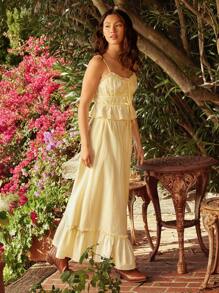 WESTFADE 高腰蝴蝶结前分层荷叶边直筒长裙，适合春夏海滩度假 - 白色 - 查看 4