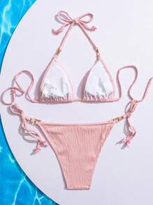 SHEIN Swim Bộ 2 bộ đồ bơi bikini hở lưng gợi cảm cho nữ, đồ bơi mùa xuân màu hồng, phong cách nghỉ dưỡng thời trang - Hồng - Xem 4