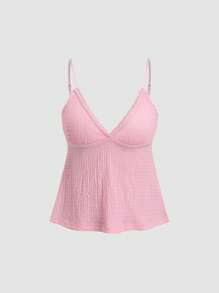 Sweetra New Fashion Textured Fabric Lace Trim Women Babydoll Camisole Top - Pink - View 1