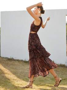 Aveloria Modichic Elegant Boho Ruffled Round Hollow Tiered Maxi Dress, Paisley Chiffon Dress, Spring/Summer Vacation Dark Purple - Multicolor - View 3