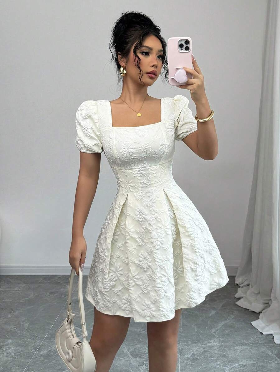 Rafferiza Đầm cổ vuông tay bồng họa tiết hoa jacquard thanh lịch cho nữ - Màu be - Xem 1