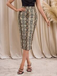 SHEIN Lavishia Falda lápiz con patrón de piel de serpiente bajo con abertura - Multicolor - Ver 5