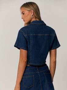 Forever 21 Áo thun denim tay ngắn khóa kéo thường ngày cho nữ, thời trang tối giản để mặc hàng ngày - Màu xanh lam - Xem 2