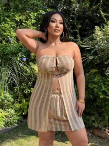 SHEIN SXY Plus Size Women Sexy Openwork Texture Fringe Knitted Tube Top And Mini Skirt 2 Pieces Set, Spring/Summer, Suitable For Early Spring, Spring And Summer, Rainforest, Beach Party, Seaside Vacation, Bonfire Party, Cool And Light, Slim Fit, Comfortable To Wear, Easy To Match&Looks Slim, Accent Your Body, Flatter The Figure