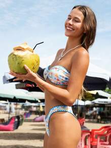 Swim Vcay 女士春假 2 件花卉印花纹理无肩带比基尼泳装套装，优雅假日休闲派对，适合夏季海滩度假 - 彩色 - 查看 7