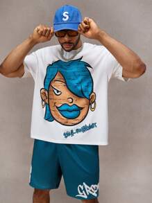 Manfinity VCAY Plus Size Men Street Style Cartoon Print T-Shirt And Shorts Set - Multicolor - View 1