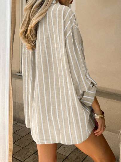 INAWLY Women's Striped Long Sleeve Single Breasted Pocket Casual Loose Shirt, Autumn