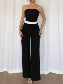 SHEIN Privé 女士优雅简约连体裤，腰部采用彩色块蝴蝶结装饰，适合派对穿着