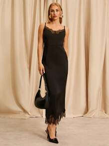 Glamine Women's Elegant Solid Color Lace Trim Spaghetti Strap Dress, For Party - Black - View 1
