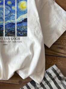 SHEIN EZwear Camiseta de mujer de manga corta, cuello redondo, holgada y casual con gráfico de la pintura "La noche estrellada" de Van Gogh, ligeramente transparente y adecuada para el verano - Blanco - Ver 4