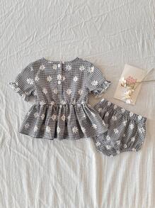 Vintaside Kids 2 件套女婴休闲可爱花卉图案格子上衣和裤子套装 - 彩色 - 查看 2