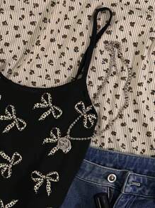 SHEIN Leap Crew 少女复古豹纹蝴蝶结，休闲简约可爱上衣，适合春夏季 - 彩色 - 查看 5