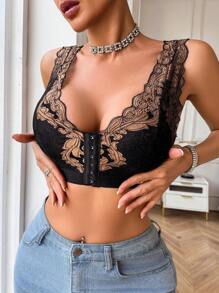 1pc Wireless Lace Front Hook Closure Thin Scoop Neck Seamless Lingerie Bra, Minimized Design For Small Bust - Black - View 4