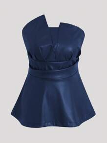 Flirla Áo peplum xếp nếp PU Bandeau cỡ lớn cho nữ, màu đỏ rượu, thích hợp cho tiệc tùng, đi chơi hộp đêm - Màu xanh hải quân - Xem 1