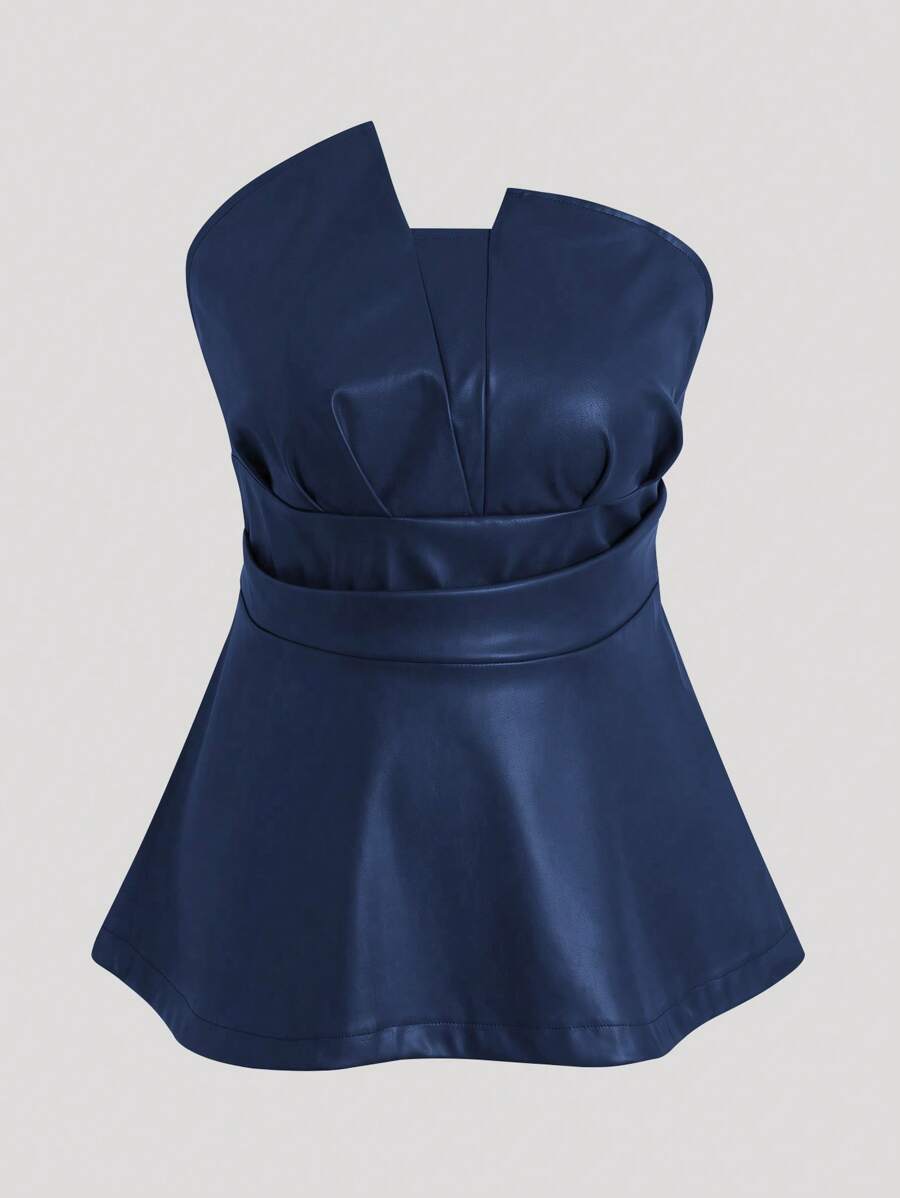 Flirla Áo peplum xếp nếp PU Bandeau cỡ lớn cho nữ, màu đỏ rượu, thích hợp cho tiệc tùng, đi chơi hộp đêm - Màu xanh hải quân - Xem 1